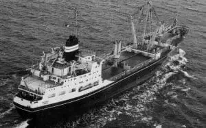 The ex Mulbera (1971) of which the bell was transported on the deck.