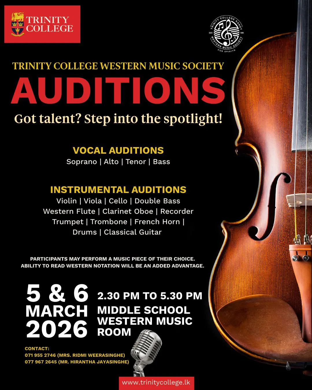 The Western Music Society is now calling for auditions for 2026. Students are invited to present a piece of their choice, whether vocal or instrumental, and be part of a society that values commitment, creativity, and performance! 

📅 5 & 6 March 2026
⏰ 2.30 p.m. to 5.30 p.m.
📍 Middle School Western Music Room