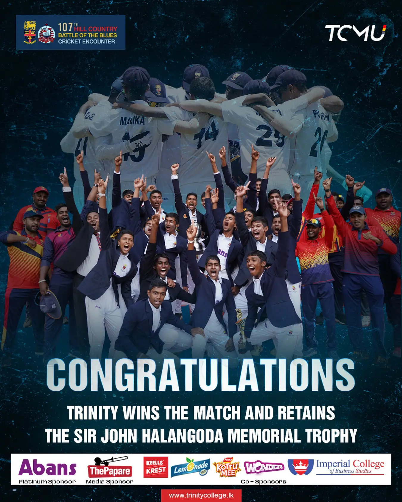 Trinity College wins the Hill Country Battle of the Blues after fourteen years!
Trinity’s last outright win came in 2012 under Niroshan Dickwella.
