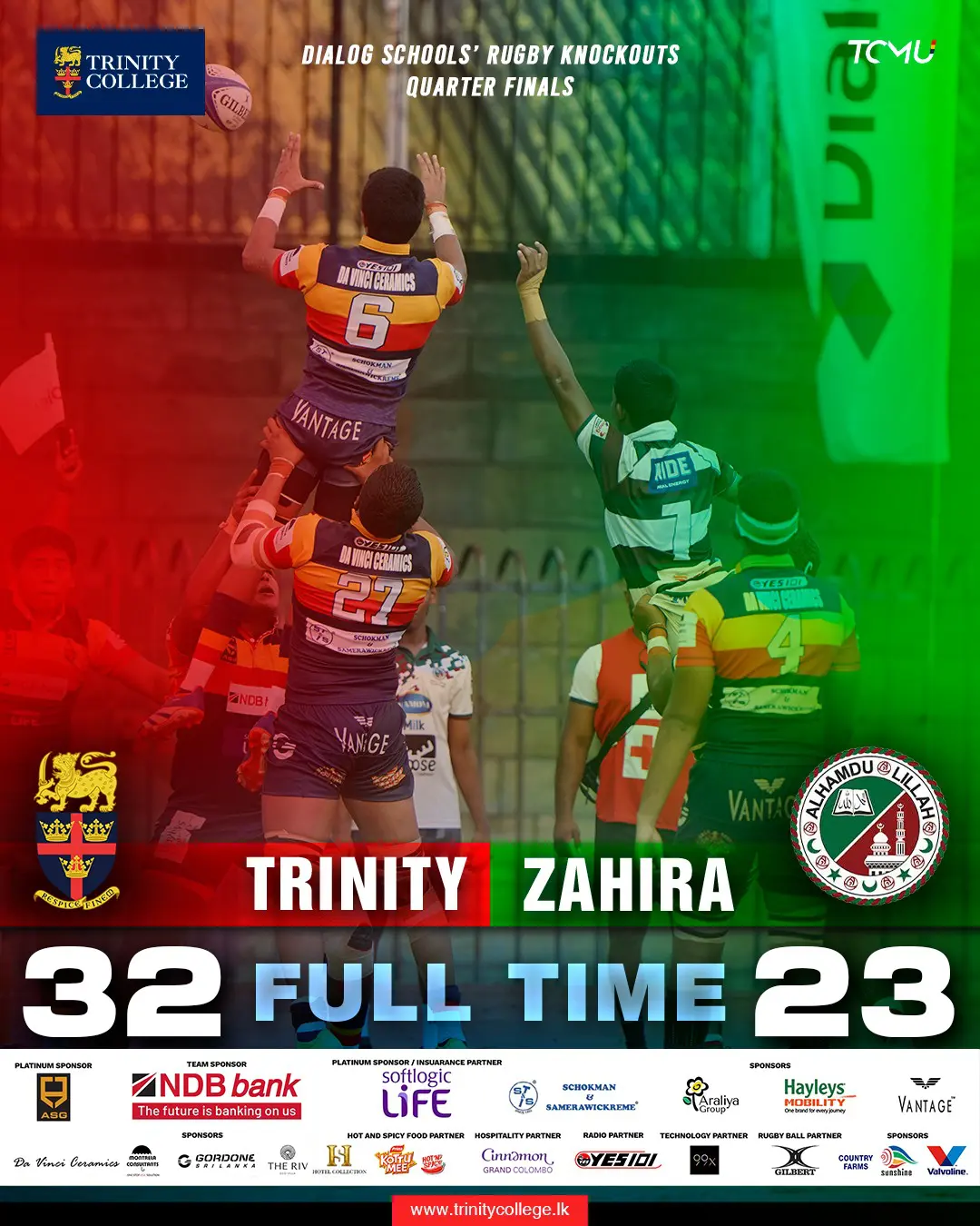 Full-time at the Sugathadasa Sports Complex!

A spirited second-half performance sends the Lions to the semi-finals of the Dialog Schools’ Rugby Knockout Championship.