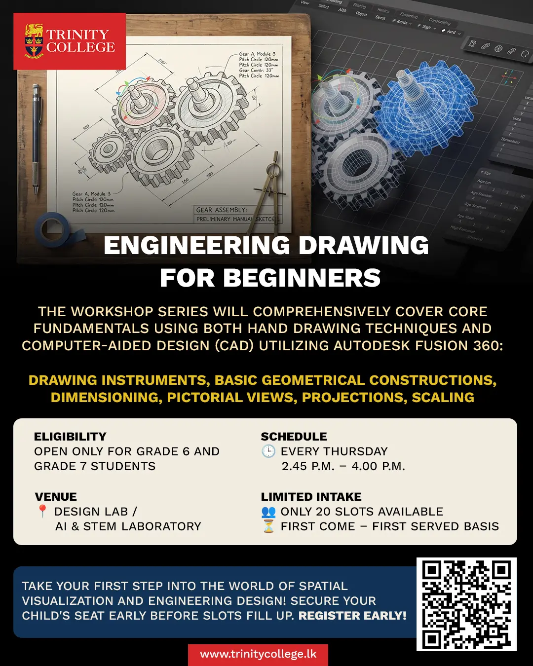 Is your child in Grade 6 or 7 and curious about how ideas transform into real-world products? The Automotive Society and Technology Faculty are launching an Engineering Drawing for Beginners workshop series!
From traditional hand-drafting on a drawing board to modern 3D modeling using Autodesk Fusion 360, students will gain essential visualization and design skills used by engineers worldwide. 🛠️💻
⏰ When: Every Thursday | 2:45 P.M. – 4:00 P.M.
📍 Where: Design Lab / AI & STEM Laboratory
⚠️ Limited Intake: Only 20 seats available!
Don't miss out on this hands-on learning opportunity. Scan the QR code on the flyer or click the link in our bio to register via MS Forms today!
👇 Register via the MS Form Link here: https://forms.cloud.microsoft/r/UZS0884BLL