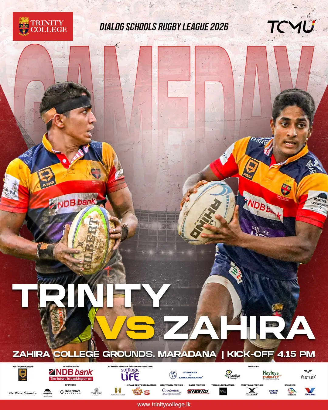 🏉 Match Day is Here! 🦁

The Lions are ready to charge into battle as Trinity take on Zahira in the Dialog Schools Rugby League 2026!

📍 Zahira College Grounds, Maradana
⏰ Kick-off: 4.15 PM

The Lions are ready to charge into battle as Trinity takes on Zahira in the Dialog Schools Rugby League 2026! heard! 🔴🟡🔵