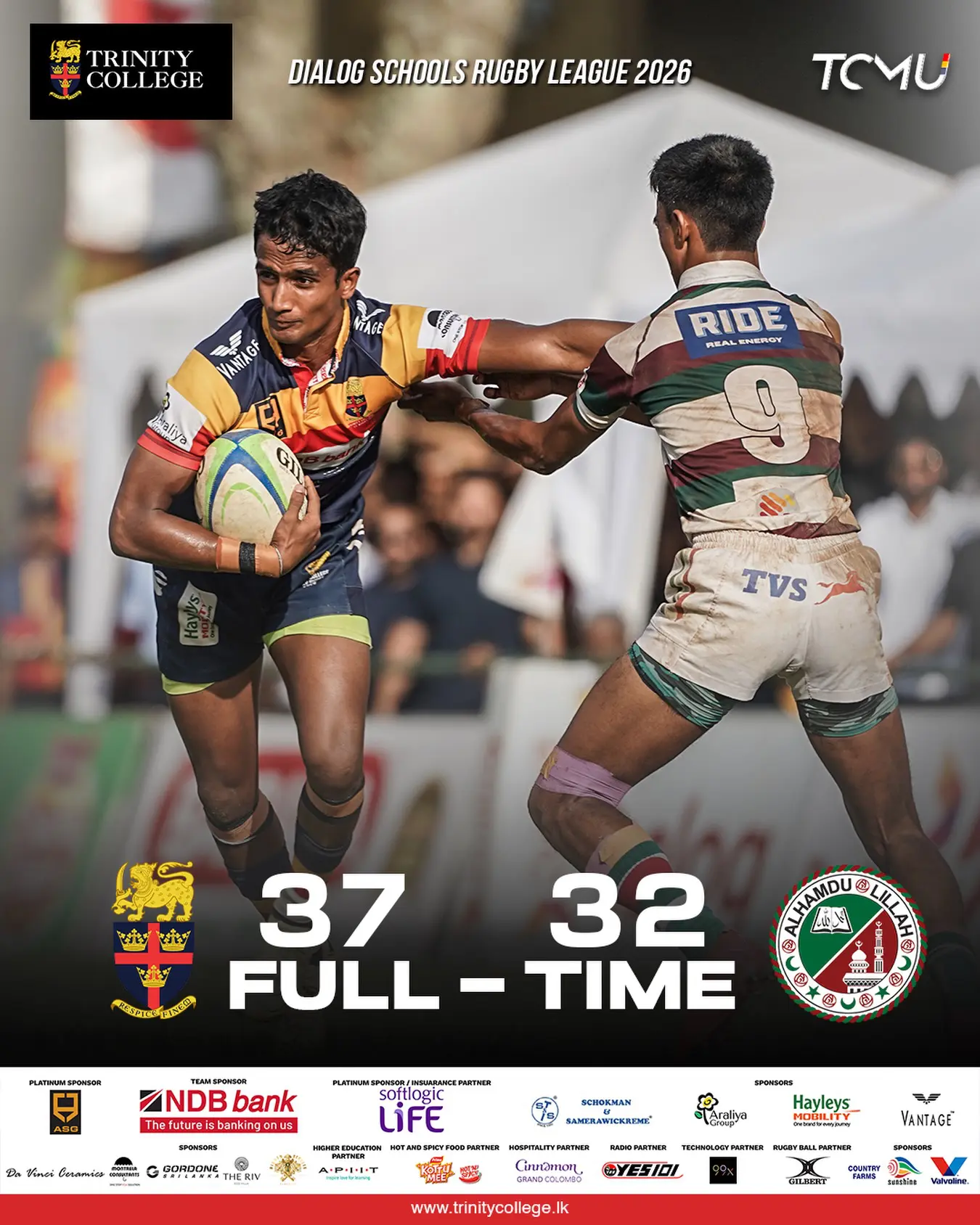 Full-time at the Dialog Schools Rugby League 2026 🏉

A hard-fought victory for the Lions as Trinity College secures a thrilling 37 – 32 win! 💪🔥
Credit to a determined opponent — well played Zahira for an intense battle till the very end.