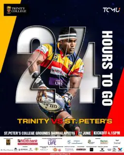 24 hours to go. ⏳🏉
The stage is set, the rivalry ignites.

Trinity takes on St. Peter’s this 27th June at Bambalapitiya. Kickoff at 4.15 PM — be there to witness the action!