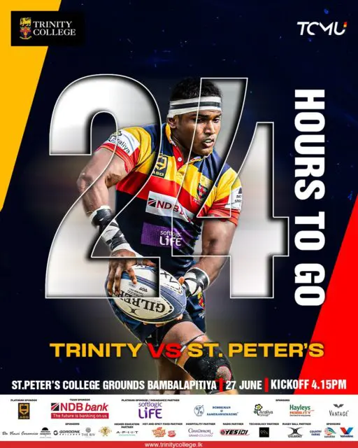 24 hours to go. ⏳🏉
The stage is set, the rivalry ignites.

Trinity takes on St. Peter’s this 27th June at Bambalapitiya. Kickoff at 4.15 PM — be there to witness the action!
