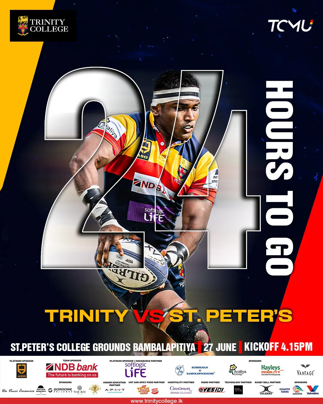 24 hours to go. ⏳🏉
The stage is set, the rivalry ignites.

Trinity takes on St. Peter’s this 27th June at Bambalapitiya. Kickoff at 4.15 PM — be there to witness the action!