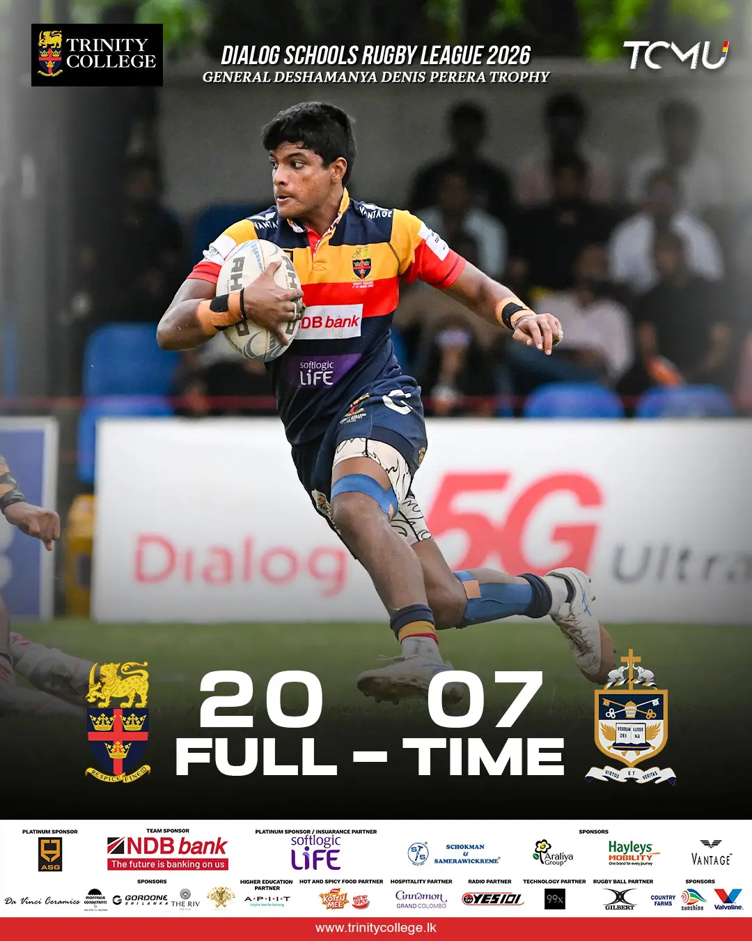 Full-Time | Dialog Schools Rugby League 2026 🏉

The Lions roar again! 🦁 A commanding 20–07 victory over St. Peter's College brings an end to their unbeaten league run.

Well played, Lions! ❤️💛💙