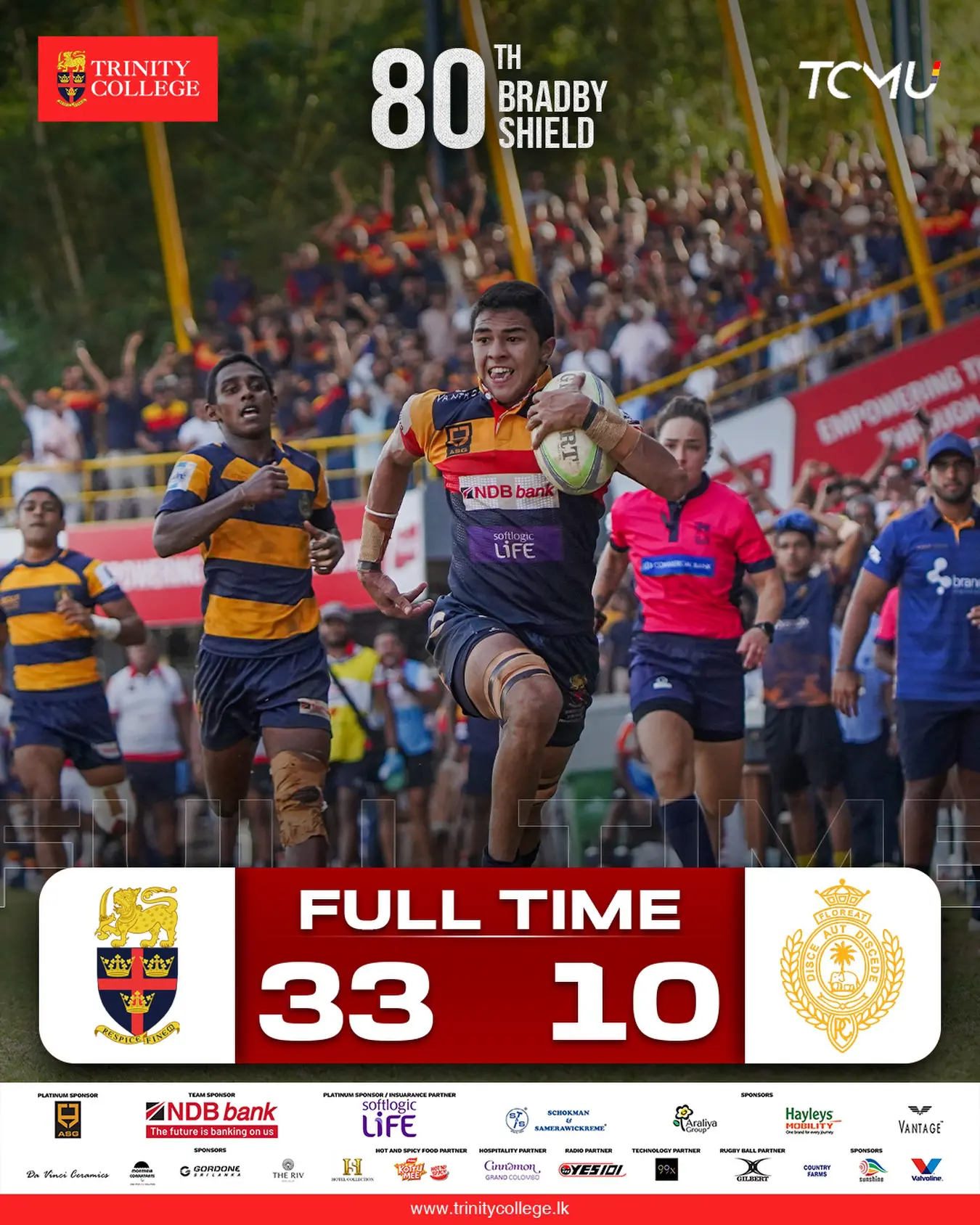 Dominating the field! 🦁 A spectacular win for Trinity College as they secure a convincing 33-10 victory in the first leg of the 80th Bradby Shield.