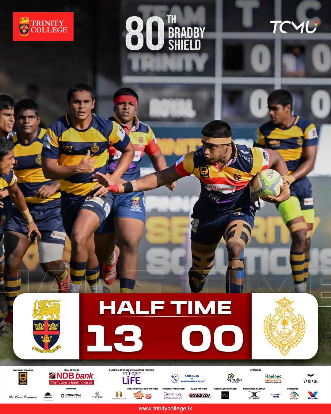 Half time at the 80th Bradby Shield 🏉🔥

Trinity leads 13–00 
A strong first half with solid defense , let’s keep the momentum going, Lions 🦁