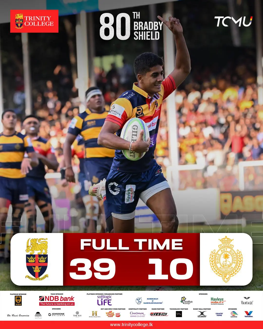 Full time at the 80th Bradby Shield 🏉🔥 (2nd Leg)

Trinity dominates with a commanding 39–10 victory
A complete performance from start to finish — proud moment for the Lions 🦁