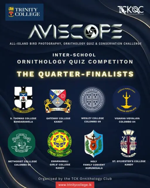 THE ELITE EIGHT🪽

The first stage is complete, and the competition grows fiercer.

Congratulations to the eight teams who have secured their place in the Quarter-Finals of *AVISCOPE ’26 – Inter-School Ornithology Quiz Competition!* 🏆🌿

With sharp eyes, strong knowledge, and a passion for the avian world, they now take the next step towards the ultimate challenge.

_The flight continues. The finale draws closer._

Who will rise to the top? 🕊️