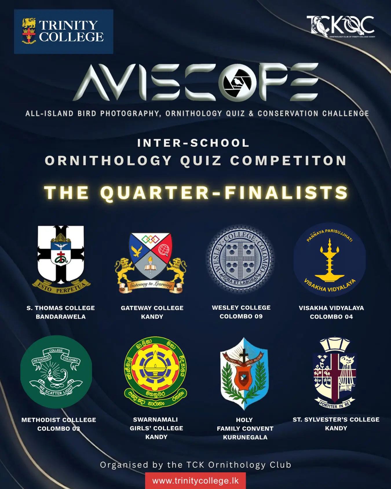 THE ELITE EIGHT🪽

The first stage is complete, and the competition grows fiercer.

Congratulations to the eight teams who have secured their place in the Quarter-Finals of *AVISCOPE ’26 – Inter-School Ornithology Quiz Competition!* 🏆🌿

With sharp eyes, strong knowledge, and a passion for the avian world, they now take the next step towards the ultimate challenge.

_The flight continues. The finale draws closer._

Who will rise to the top? 🕊️