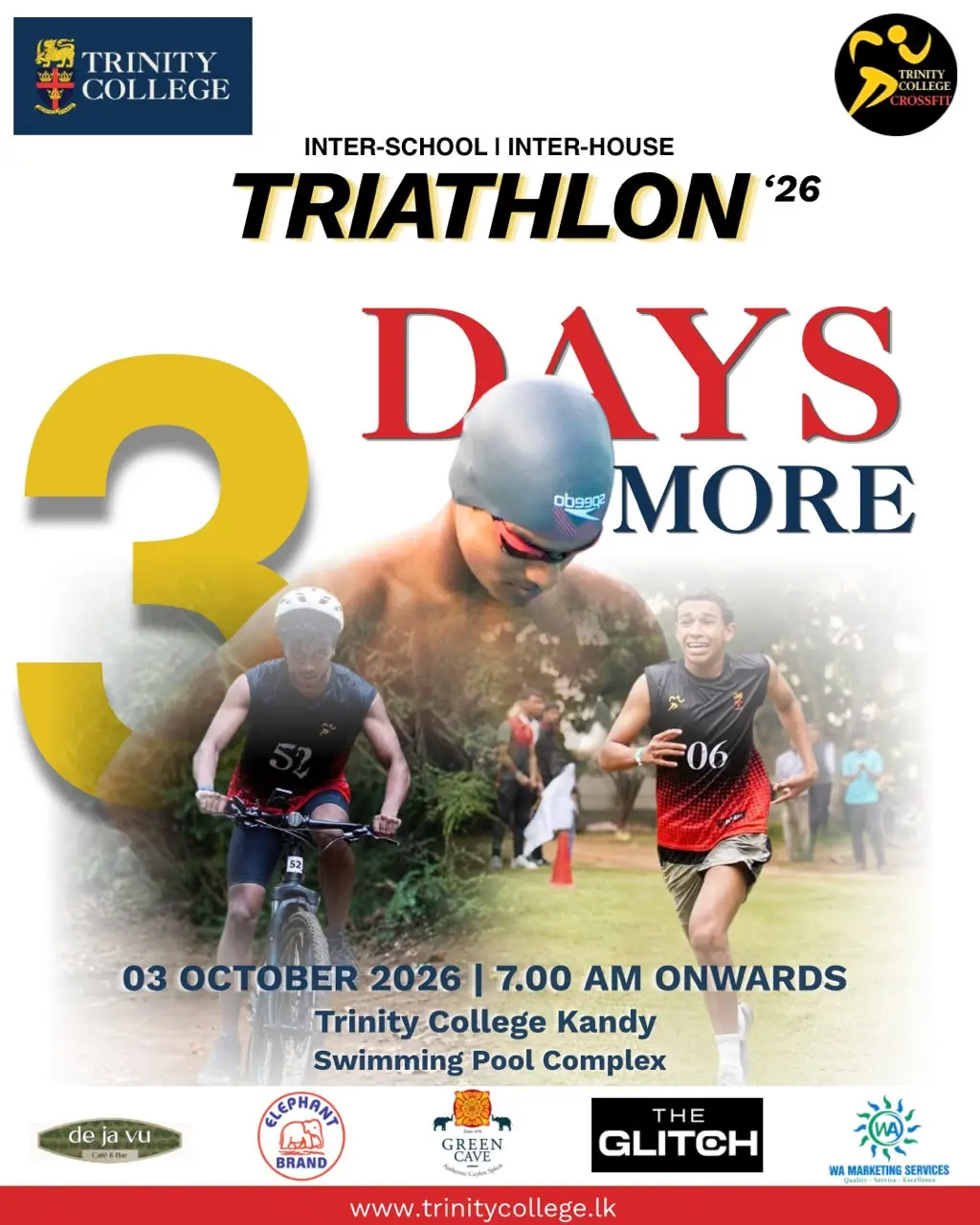 3 Days. 3 Disciplines. 1 Epic Event. 🏆 

The Trinity College Triathlon ‘26 is almost here! Join us on October 3rd starting at 7:00 AM at the Swimming Pool Complex. 

See you at the starting line!