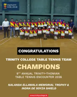 Champions Again! Trinity Retains Both Trophies! 🏓
Trinity College, Kandy, delivered a dominant performance at the 9th Annual Trinity–Thomian Table Tennis Encounter 2026, winning all six team encounters against S. Thomas’ College on 20 October at Mount Lavinia!
With this outstanding achievement, Trinity successfully retained both the Nalanda Ellawala Memorial Trophy and the Indra De Soyza Shield, reaffirming the strength and spirit of Trinity Table Tennis.
Congratulations to all our players, led by Master Yevan Bandara Herath, on this remarkable achievement! 💙💛❤️
Trinity Pride. Trinity Glory! 🏆