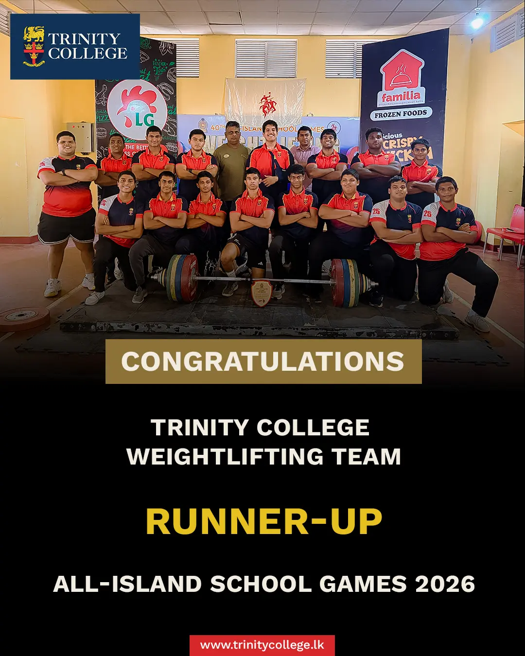 Congratulations to the Trinity College  Weightlifting Team on becoming the runner-up at the All-Island School Games 2026! 🥈🏆

A commendable achievement and a proud moment for the Trinity Lions! 🦁