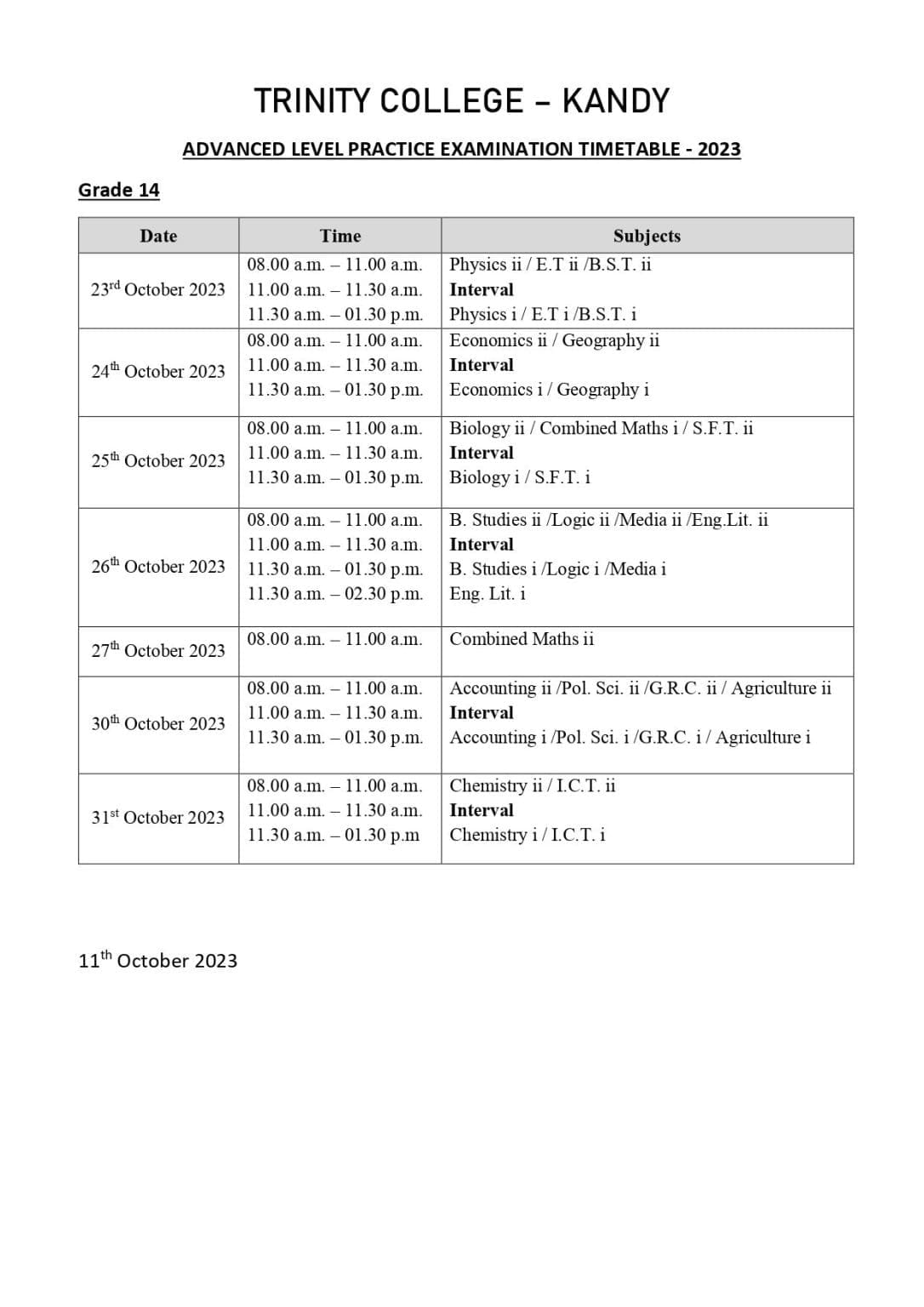 Grade 14 Practice Examination Time Table – 2023 | Trinity College Kandy ...