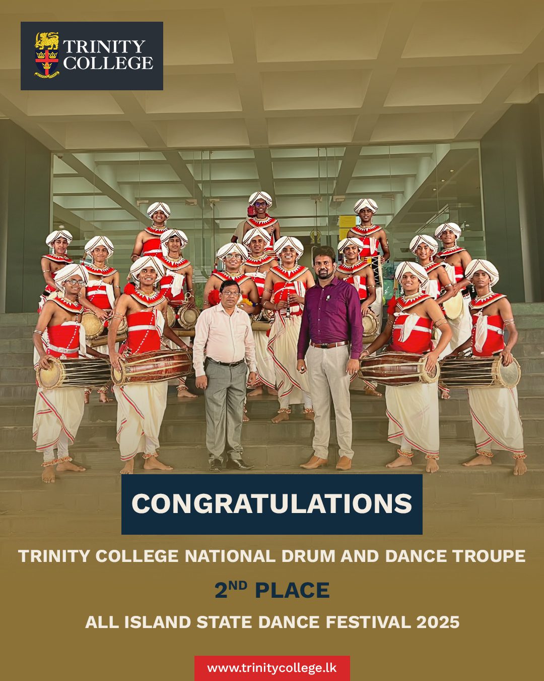 Congratulations to the Trinity College Drum and Dance Troupe for securing All-Island 2nd Place at the State Dance Festival 2025! Your rhythm, talent, and hard work continue to make us proud. 

#TrinityCollegeLK #TrinityCollegeKandy #Trinitians #StateDanceFestival2025 #AllIslandAchievement #DanceExcellence #DrumAndDance #PrideOfTrinity #YoungLions #PerformingArts #SchoolSpirit #TalentInAction #LionsPride
