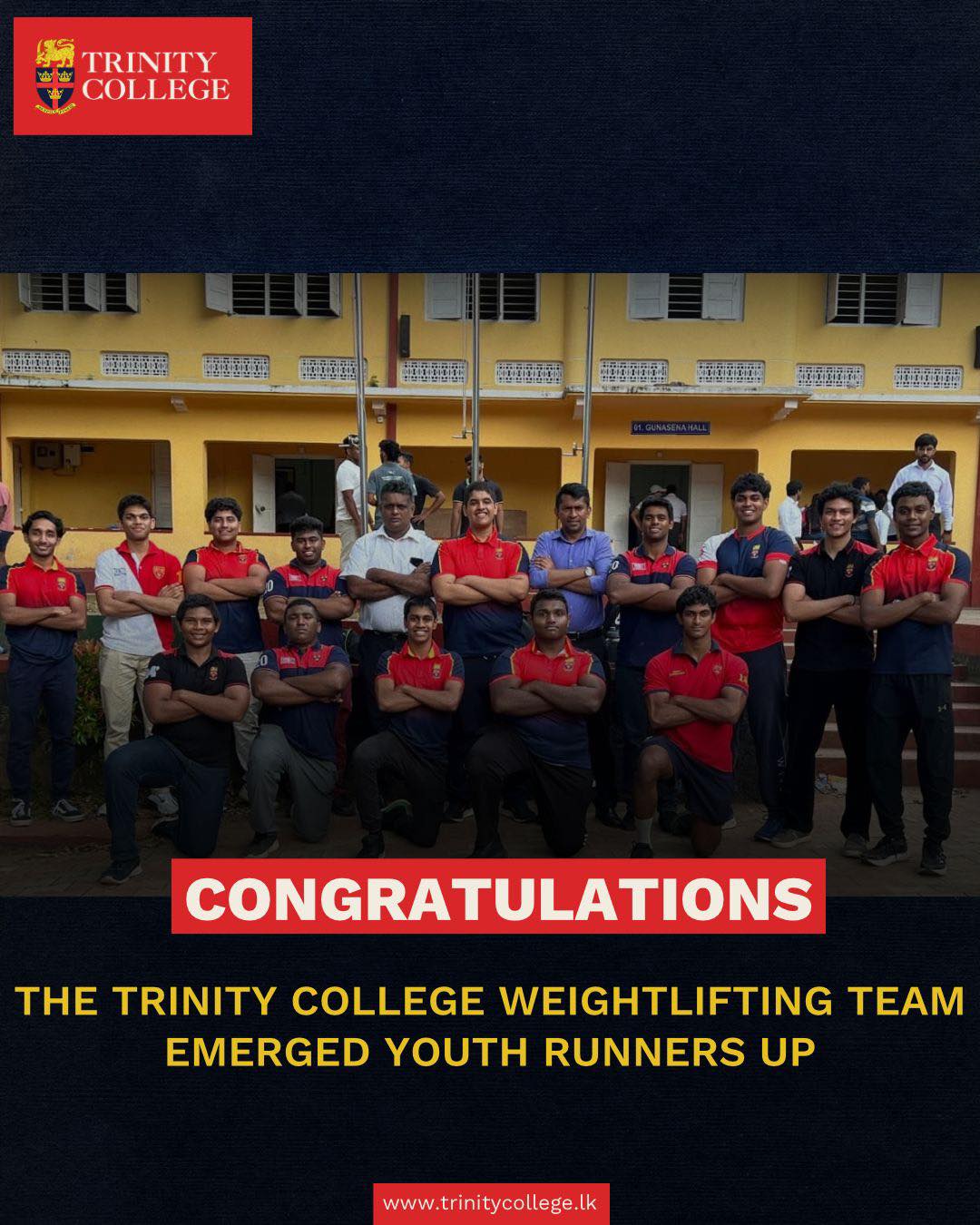 A proud performance by the Trinity College Weightlifting Team!
At the National Youth & Junior Weightlifting Championships 2025 held at Vijaya College, Matale (26–28 December), Trinity College emerged as Youth Runners-Up, marking yet another milestone in our sporting journey.
Special congratulations to Master Yasan Kavsidu, who set two new Youth National Records and secured 1st Place in the Youth 79kg category.
Well done also to Master Sithnuka Rathnayake (2nd – Youth 79kg), Master Tanuj Navarajah (2nd – Junior 88kg), and Master Desaka Pallegedara (3rd – Junior 94kg).
Proud of our lifters for lifting Trinity to greater heights!
#TrinityCollegeLK #TrinityCollegeKandy #Weightlifting #NationalChampionships #YouthWeightlifting #JuniorWeightlifting #TrinityPride #RunnersUp #NewNationalRecords #StudentAthletes #LionsOnTheRise