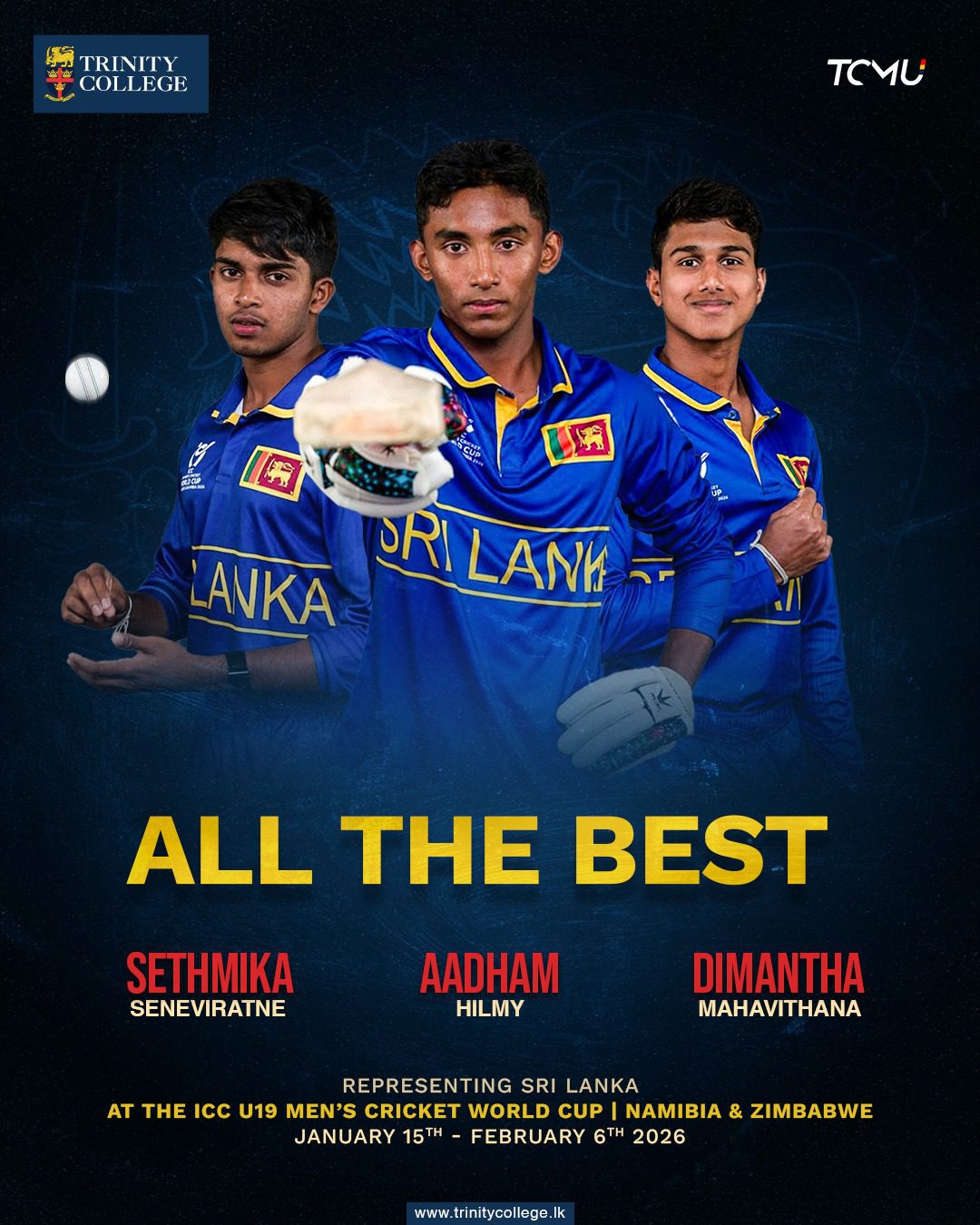 We extend our heartfelt wishes to Masters Dimantha Mahavithana, Aadham Hilmy, Sethmika Seneviratne, and the rest of the team as they represent Sri Lanka at the ICC U19 Men’s Cricket World Cup in Namibia and Zimbabwe from 15th January to 6th February 2026.
Wishing you courage, passion, and success on the field.
#SriLankaCricket #U19WorldCup #TrinityCollege #TrinityCricket
Photos: @icc