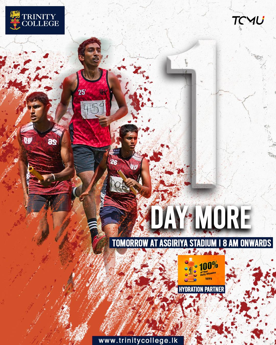 1 day to go! ⏳
The track is set, the spirit is high, and Trinitians are ready to give it their all.
Join us tomorrow at Asgiriya Stadium from 8 AM onwards as passion, speed, and determination take centre stage.
Let the countdown end. Let the action begin.
#TrinityCollegeLK #OneDayMore #TrackAndField #AsgiriyaStadium #Trinitians #ChasingExcellence #SchoolSports #RunWithPride