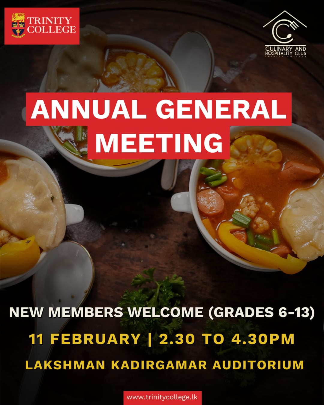 We invite all current and aspiring members to the Annual General Meeting of the Culinary and Hospitality Club. Join us for an afternoon of updates, leadership transitions, and a first look at our upcoming calendar 

​If you’ve ever wanted to dive into the world of culinary excellence and event management, now is the perfect time to join.

​Date: 11 February 2026
​Time: 2:30 PM - 4:30 PM
​Venue: Lakshman Kadirgamar Auditorium

​See you there! 👨‍🍳
