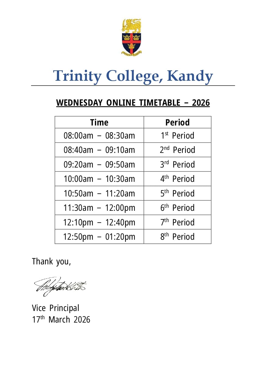 Wednesday Online Timetable – 2026 | Trinity College Kandy, Sri Lanka